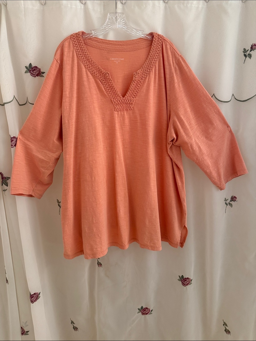 Coldwater Creek Coral Crochet-Trim V-Neck Tunic